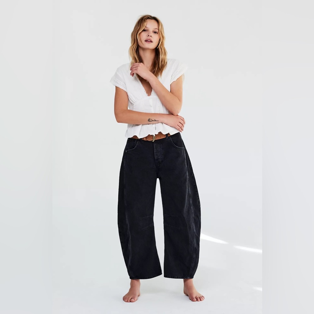 We the Free Good Luck Black Mid Rise Barrel Jeans